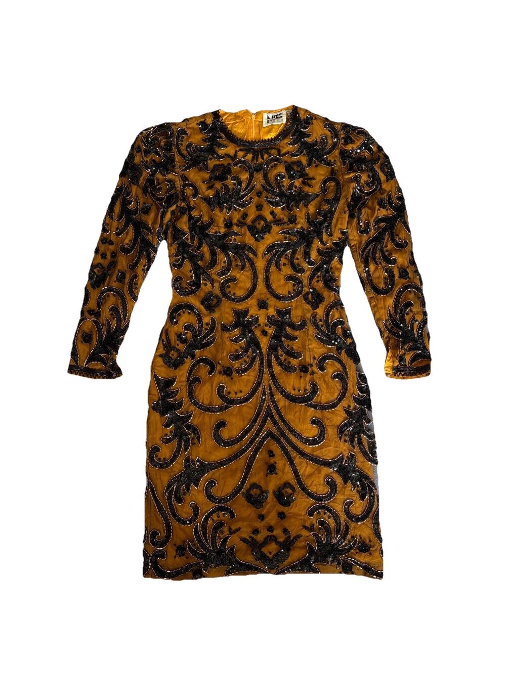 VTG Nite Line Silk Beaded Dress Sz 4/6 80s Glam Gold & Black Mini Old Hollywood